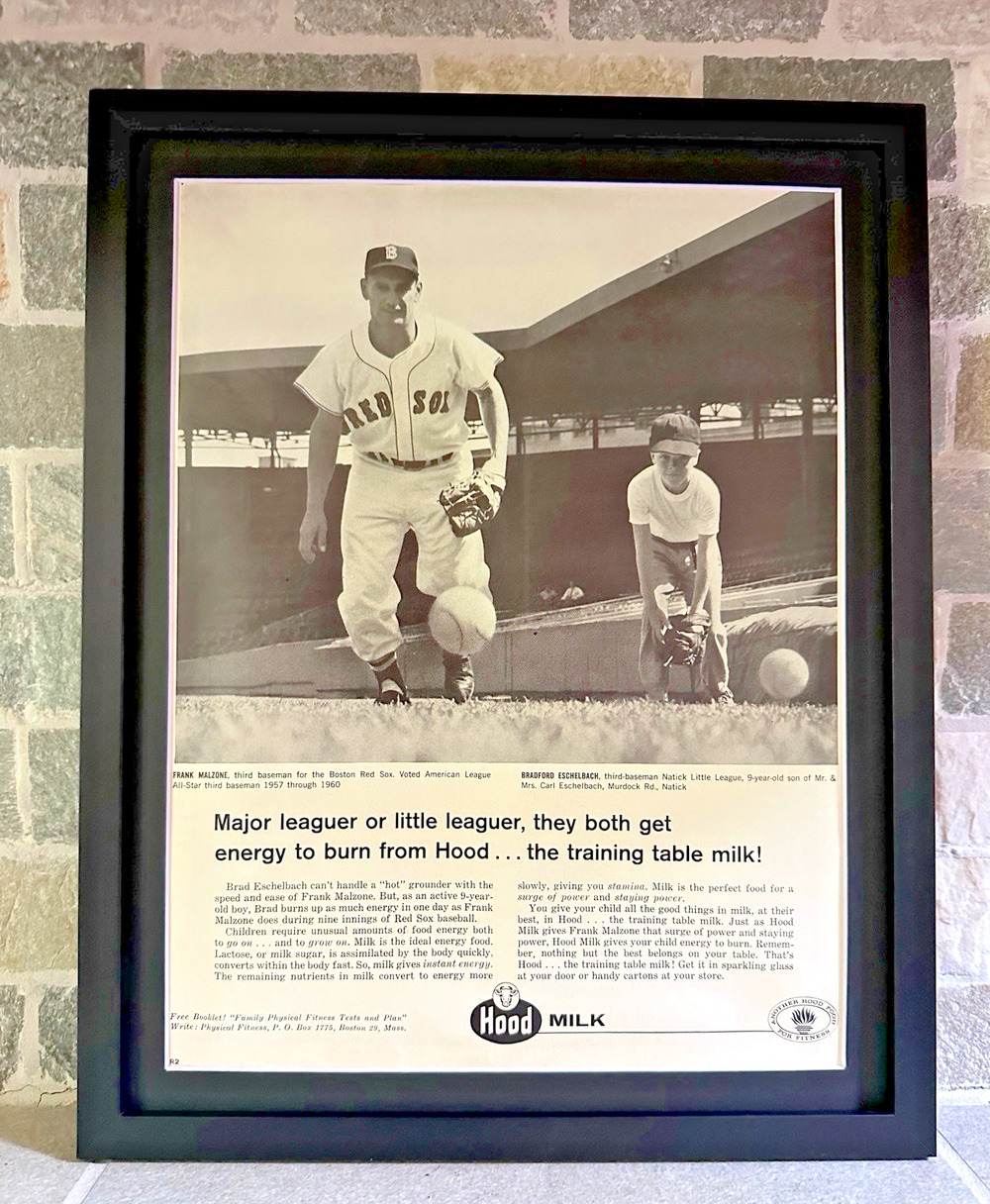 Framed 1962 Boston Red Sox Frank Malzone Little Leaguer photo Hood Milk Print Ad